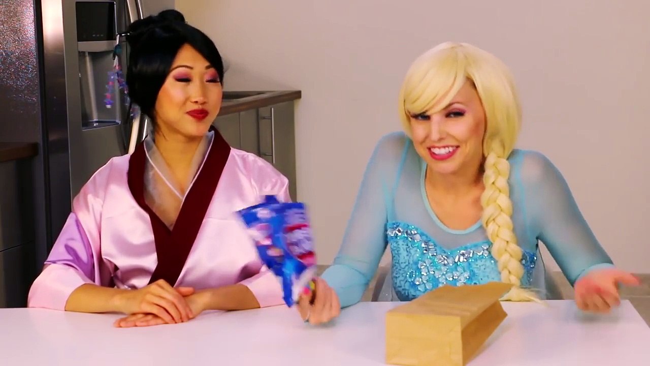 Elsa vs Mulan Whats In My Mouth Challenge. Which Princess Grows a Mustache?