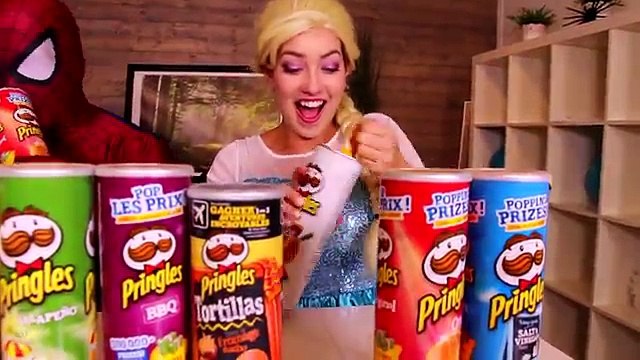 Spiderman & Frozen Elsa PRINGLES CHALLENGE! w_ Maleficent Joker Spidergirl TOYS! Superhero Fun IRL
