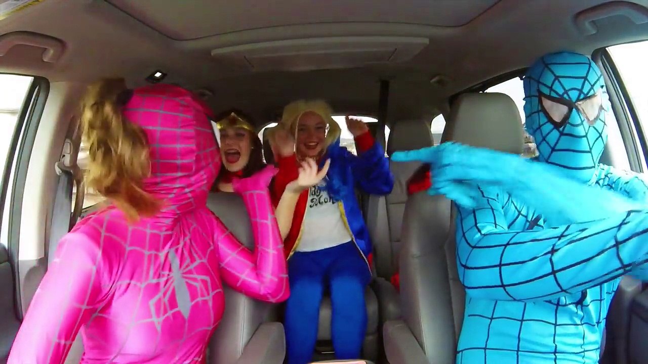 The amazing blue spiderman In Superhero Car Dance w/ Suicide Squad Harley Quinn & Wonder woman