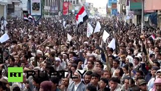 Yemeni people condemn Saudi massacre in mass protest in Sana'a city.
