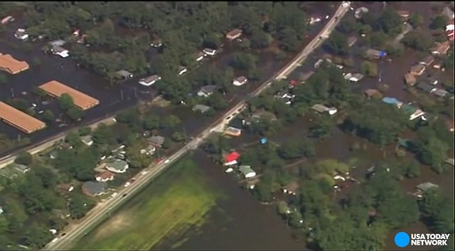 Aerial views in Lumberton, North Carolina of destruction brought on by flooding from Hurricane Matthew