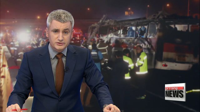 Ten killed, 7 injured after tour bus bursts into flames following crash