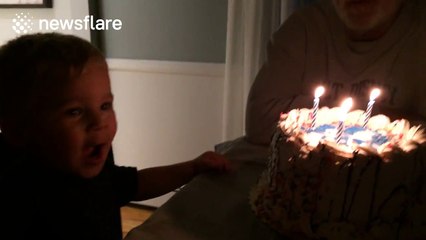 Toddler tries to blow birthday candle in hilarious manner