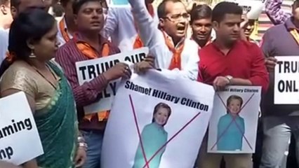 Hindu Sena burn Clinton posters at pro-Trump rally in India