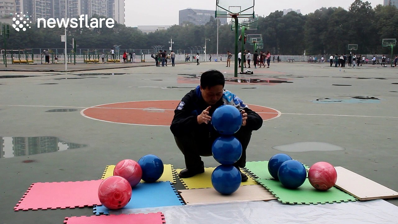Man claims he can balance ten bowling balls on top of each other.