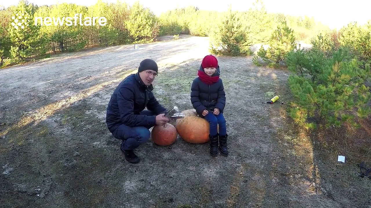 Man blows up pumpkins with firecrackers