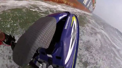 Bonehead Jet Skier Nearly Dies Getting Sucked Under Container Ship