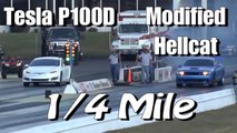 Tesla P100D Hunts Down Modified Hellcat Challenger 1/4 Mile Drag Race!