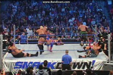 Rikishi stinkfaces Big Show, Shelton Benjamin, and Billy Gunn