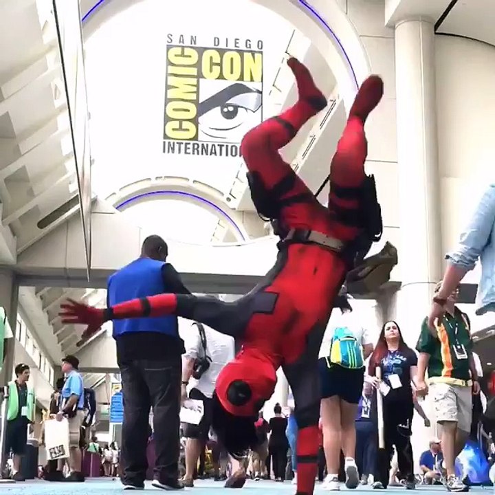 Female Deadpool doing  Looping Handhops
