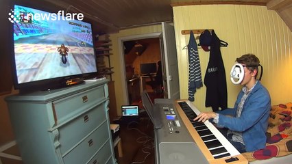 Talented young man plays Mario Kart whilst practising piano