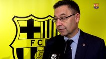 FC Barcelona president Josep Maria Bartomeu reacts to criticism from LFP president Javier Tebas