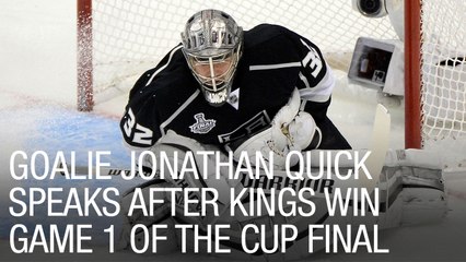 Goalie Jonathan Quick speaks after Kings win Game 1 of the Cup Final