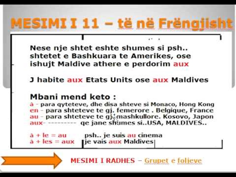 PARAFJALET A, EN, AU, AUX  - NE GJUHEN FRENGE -  MESIMI 11