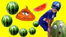 Captain America Poo Watermelon w/ Maleficent & Spiderman Kid Fun Superhero in Real Life