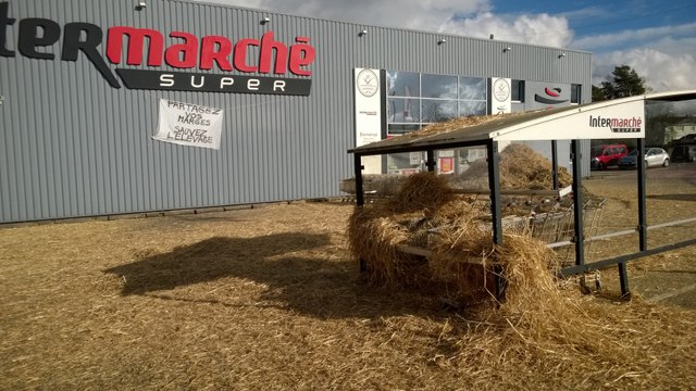Vosges : paillage du parking du magasin Intermarché de Darney par les agriculteurs en...