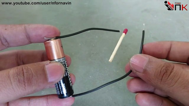 Match fire tricks using battery and magnifying glass