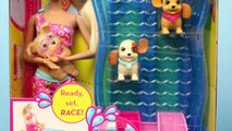 Barbie Frozen Elsa Princess Anna Puppy Water Racing Carosel Dog Park Swim & Race Pups DisneyCarToys