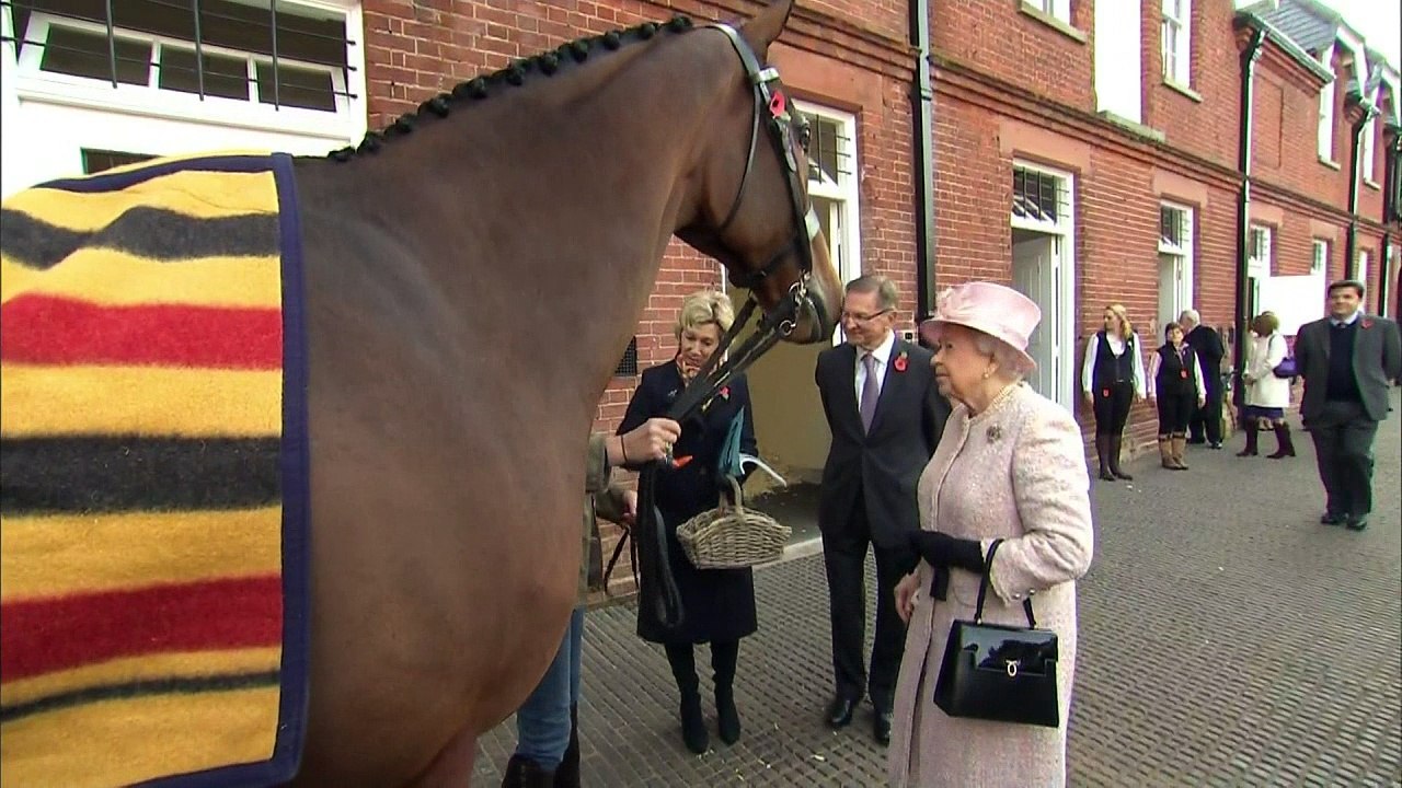 Queen amused by jockey on mechanical horse
