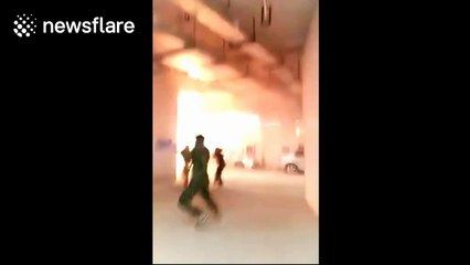 Powerful explosion as firefighters head into garage to investigate power cut