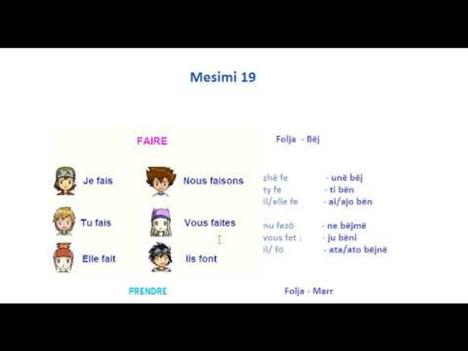 Mesoni Foljen Faire(bëj), Prendre(marr), Vendre (shes) në Frengjisht   Mesimi 19