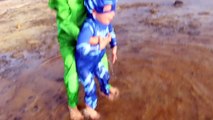 PJ MASKS IRL Superheroes In Real Life ~ Gekko Saves Catboy Funny Baby PJ Masks Learns To Swim Beach