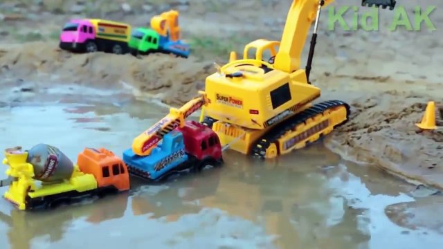 Excavators, loaders and mortar mixers pull together amphibious cars - KidAK videos for kids