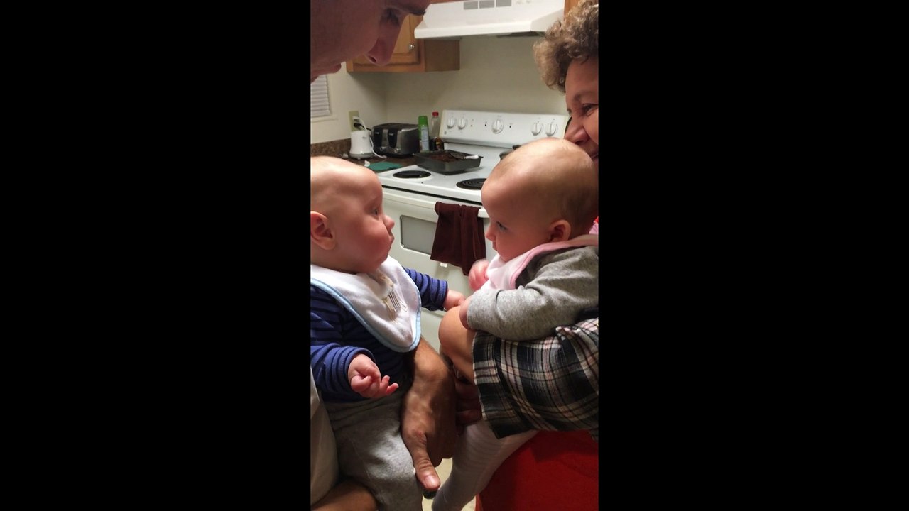 Baby boy hilariously upset when face-to-face with twin sister