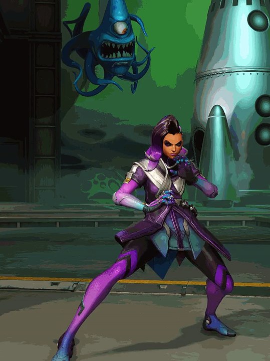 Sombra laughs at the Skycode in one of her emotes