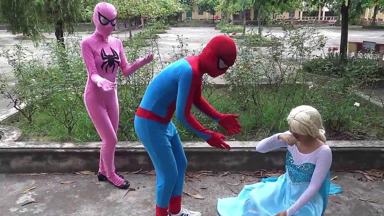 Frozen Elsa Love Joker Spiderman vs Pink Spidergirl Maleficent Fun Superheroe movie in real life