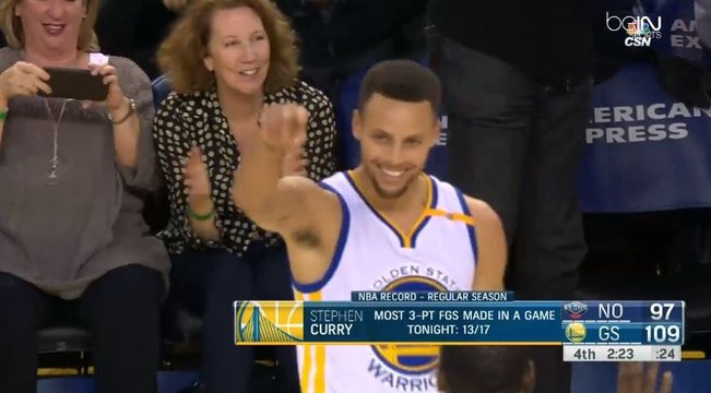 Stephen Curry réalise une nouveau record NBA en marquant 13 paniers à 3 points contre les Pelicans (vidéo)