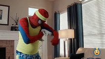 VENOM pranks Fat SPIDERMAN with Pizza as Spidey Exercises - Real Life Superhero Movie Fun Kids Video