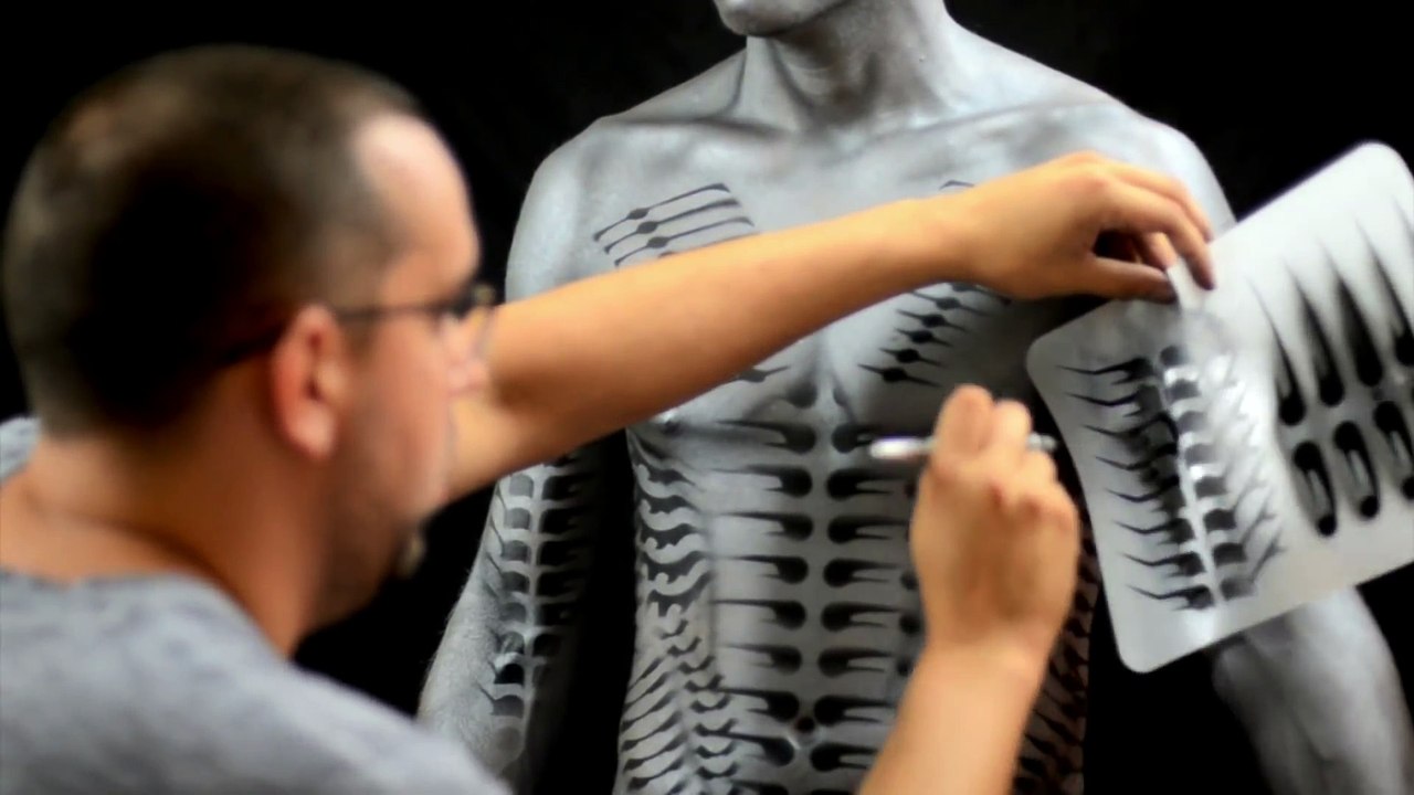How to Airbrush Body Paint Biomechanical Stencils