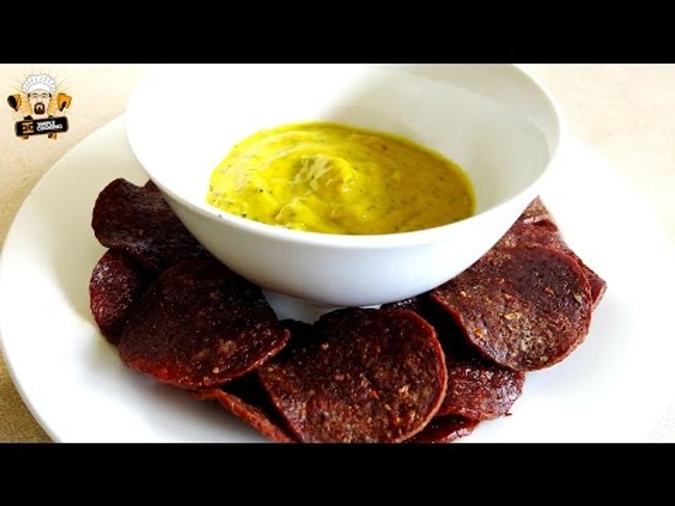 CRISPY SALAMI CHIPS WITH THYME MUSTARD