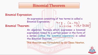 Binomial Theorem, Properties of Binomial Expension