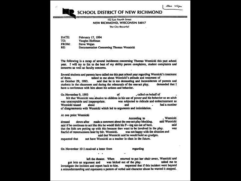 Complaints re: Thomas Woznicki (New Richmond, Wisconsin School District)