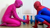 Spiderman vs Venom vs Joker vs Pink Spidergirl Wubble Bubble Baby Doll Bowling Funny Superheroes