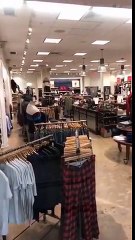 Un cerf sort d'une boutique par la vitrine