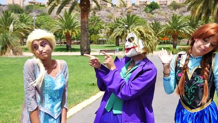 Frozen Elsa & Anna play bowling vs Joker Butterfly trick w/ Spiderman, Candy Machine
