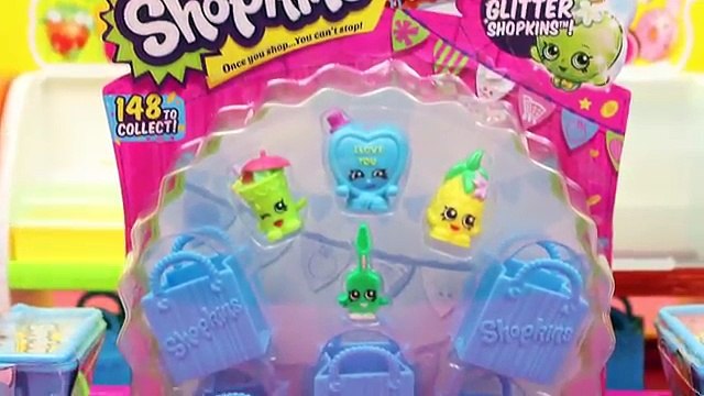 Frozen Elsa, Anna, Spiderman Shopping for Shopkins 5 Pack at Fruit and Veg Stand by DisneyCarToys