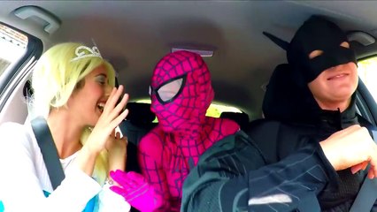Superheroes Dancing In A Car Pink Spidergirl vs Frozen Elsa vs Batman Superhero Funny Movie In Real