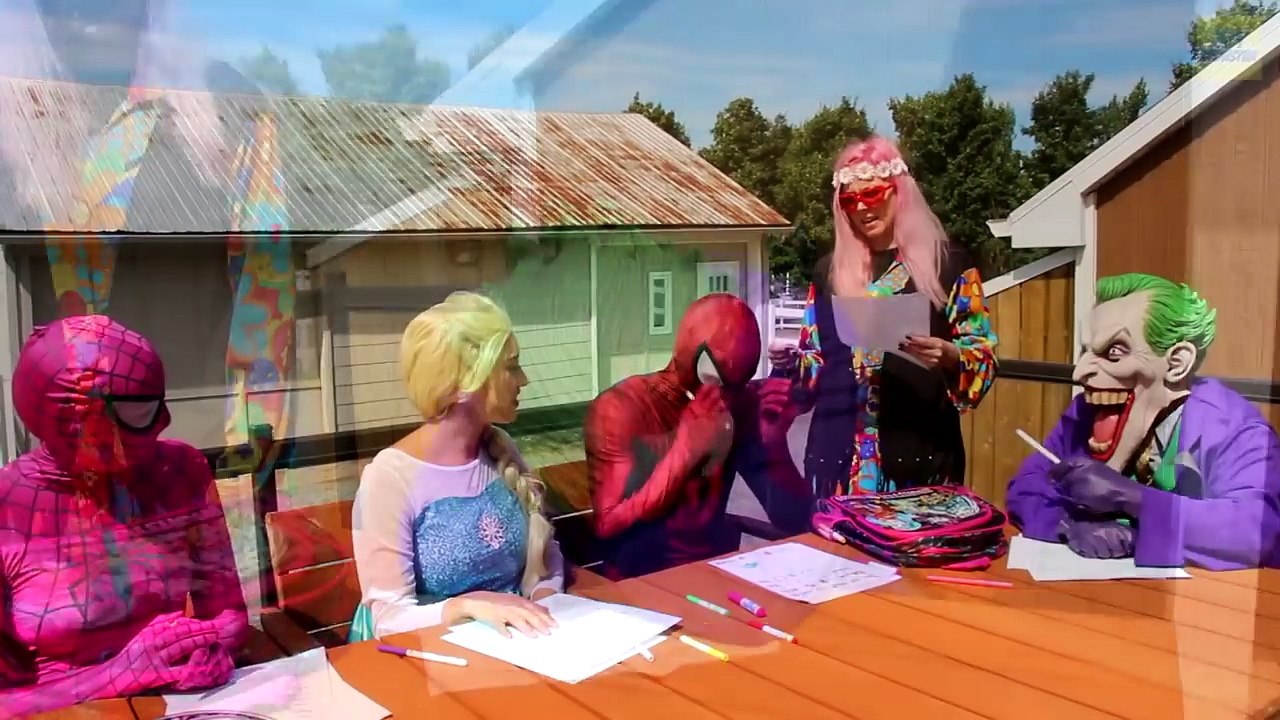 Spiderman & Frozen Elsa Go Back To School! w/ Pink Spidergirl Joker Hulk Anna! Funny Superhero Video