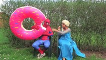 SPIDERMAN & FROZEN ELSA vs MALEFICENT Giant Candy Donut! Superhero Fun in Real Life