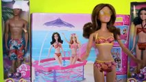 Boneca Barbie com Ken e Barbie moda praia abrindo piscina da Barbie nadando