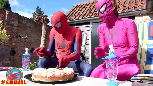 Spiderman BIG BUTT! w/ Pink Spidergirl BIG BUTT! Bad Joker CAKE prank! Frozen Elsa IRL Superhero Fun