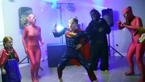 Superheroes Dancing at a party! Maleficent vs spiderman and Elsa vs trex vs pink spidergirl Funny!