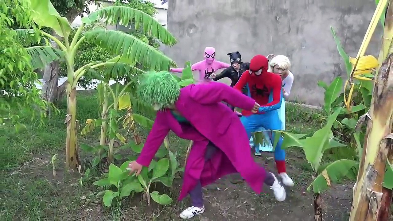 Joker vs Frozen Elsa vs Spiderman play hide and seek Pink Spidergirl catwomen fun superheroes pranks