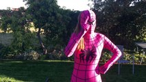 Frozen Queen Elsa vs Pink Spidergirl Prank War Fight Fun Superhero Kids In Real Life In 4K