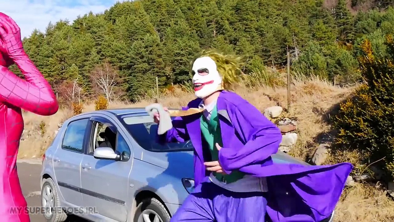 SpiderGirl Saved by Spiderman vs Joker - Pink Spidergirl Kidnapped in Car - Fun Superhero Movie IRL