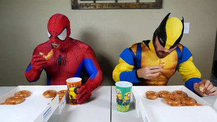 Fat Spiderman vs Wolverine - Real Life Donut Eating Competition | Superhero Movie!